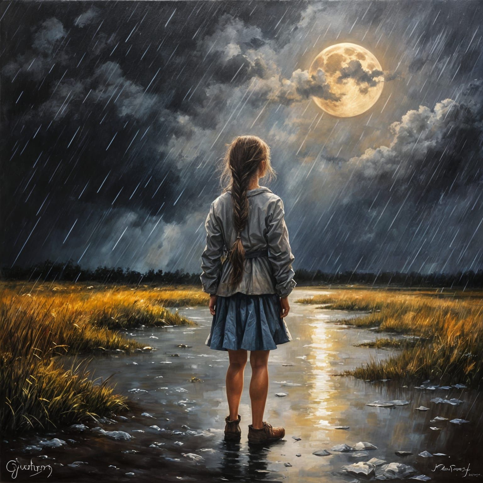 Girl Under Storm Cloud: Oil Painting