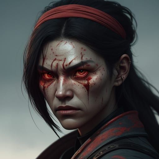 Fierce Blind Warrior in Crimson Vignette