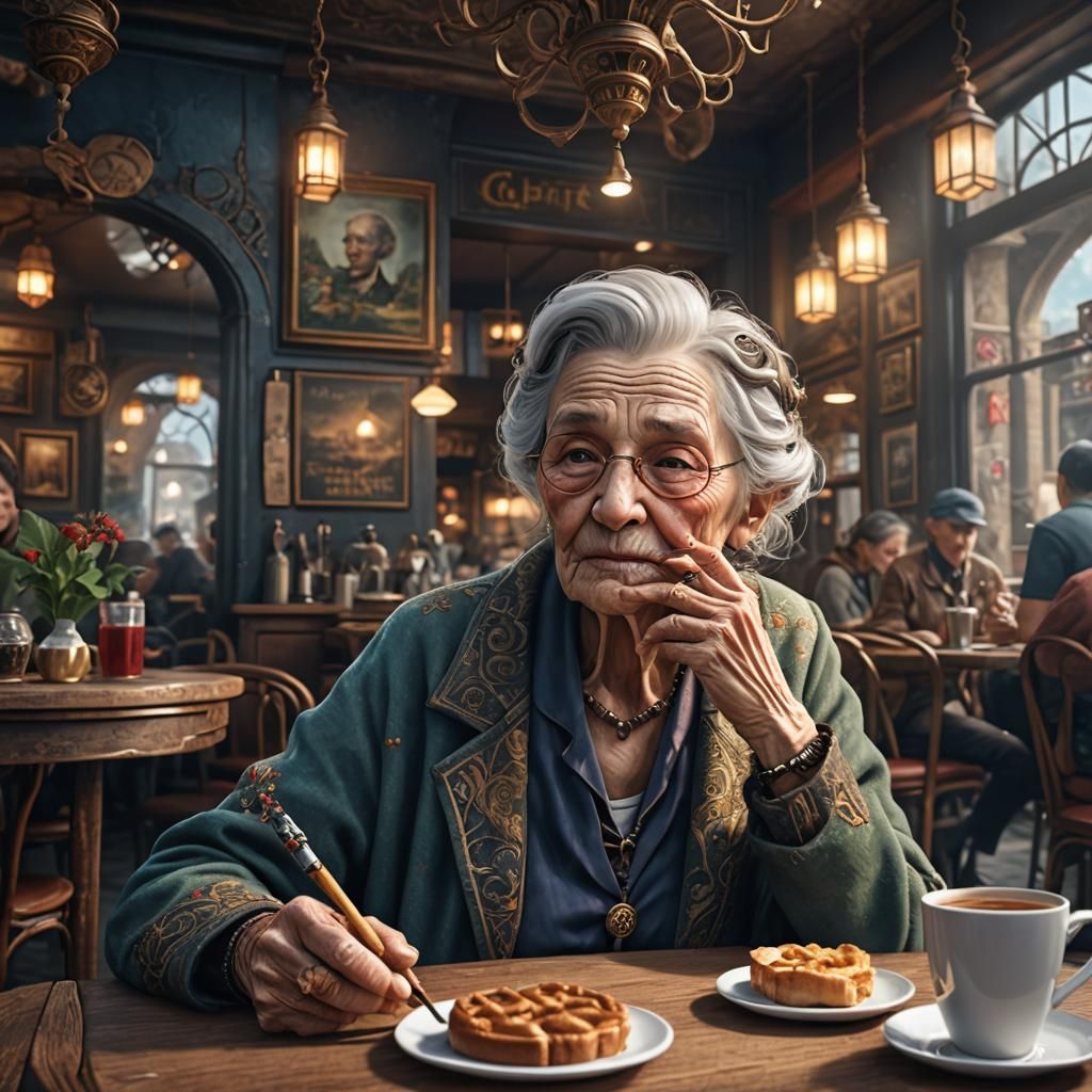 Old Woman Smoking in Cafe: Detailed Matte Painting