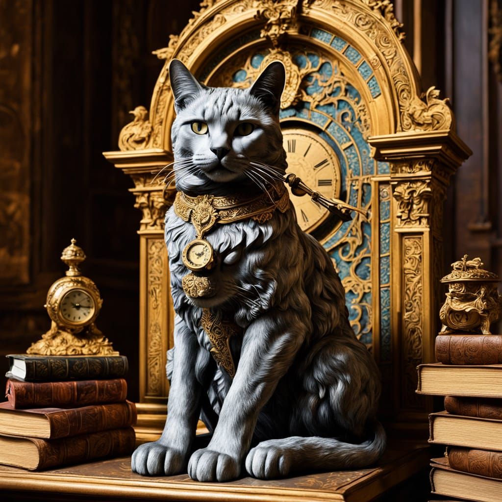 Renaissance Cat Sculpture on Book Throne