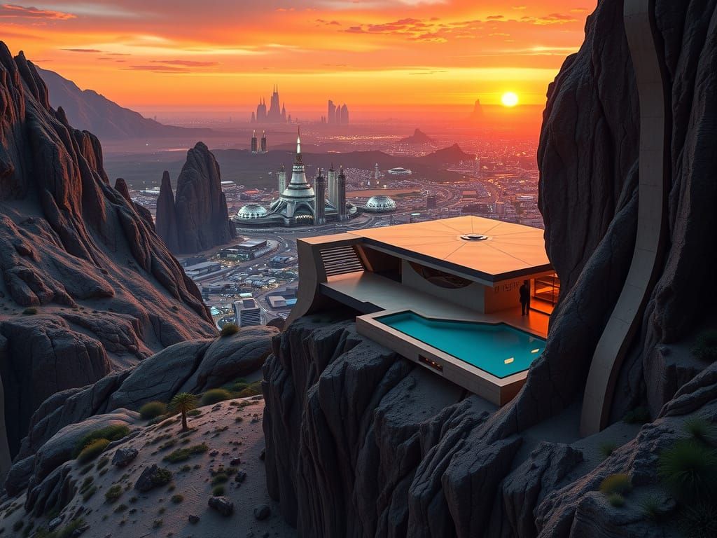 Futuristic Desert City Sunset: Luxury Sci-Fi Mountain Home