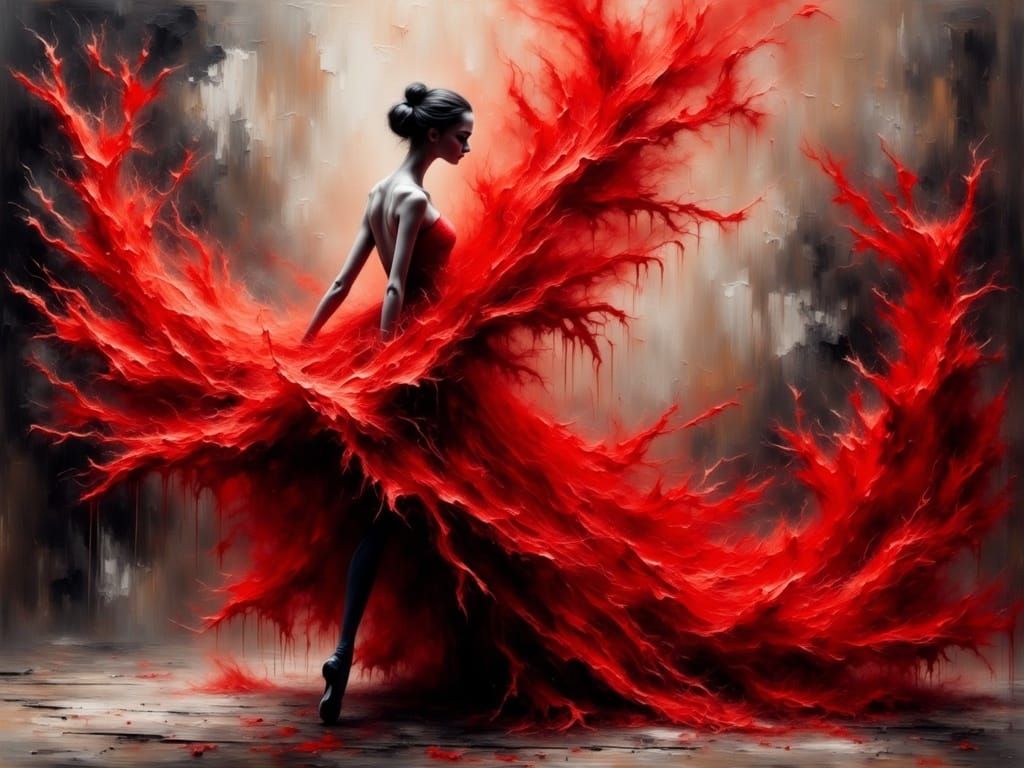 Vibrant, Abstract Ballerina in a Swirling Crimson Gown