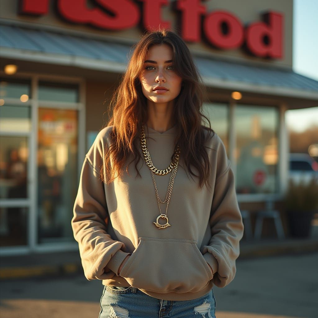 Young Woman in Hip Hop Fashion Posing at Fast Food Joint