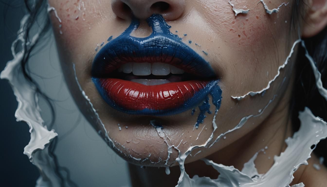Hyperrealistic Close-Up of Red Lipstick on Blue Skin
