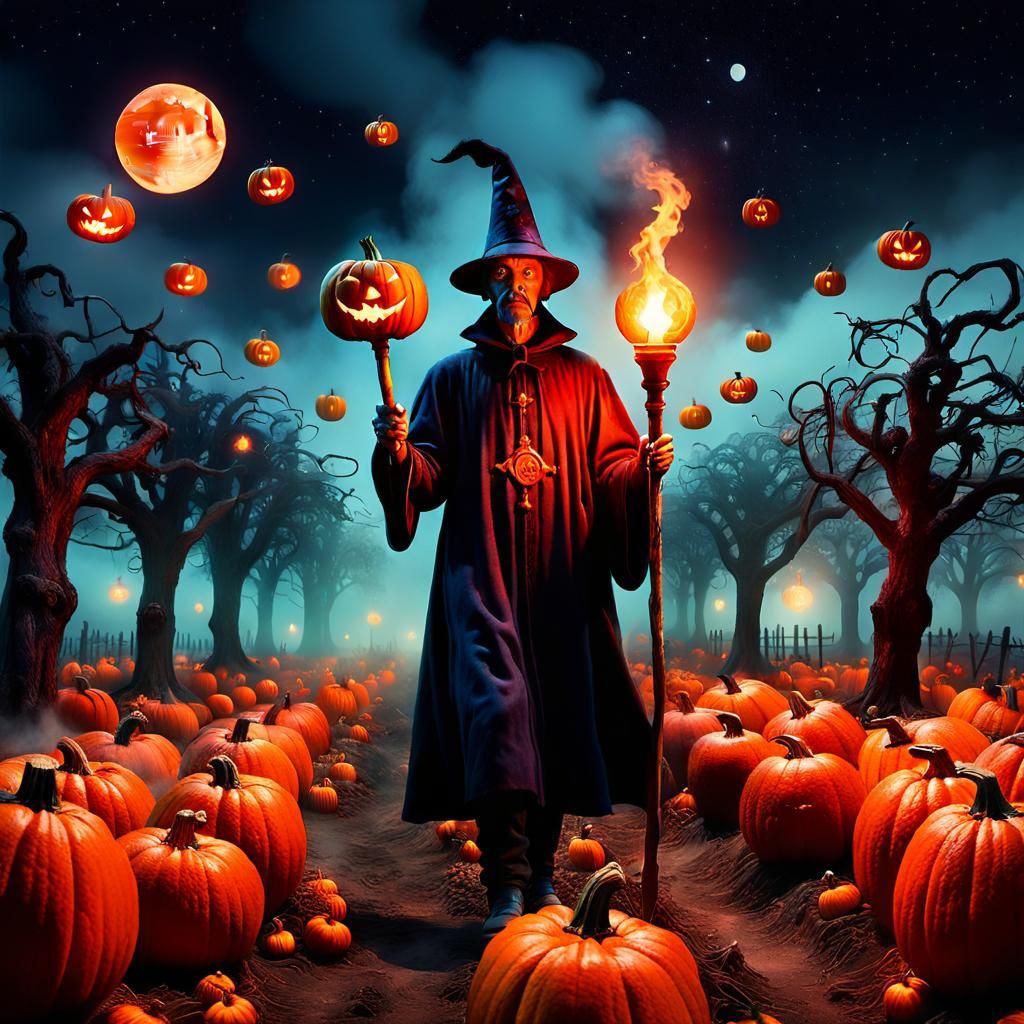 Surreal Sorcerer in Pumpkin Patch: A Midnight Tarot