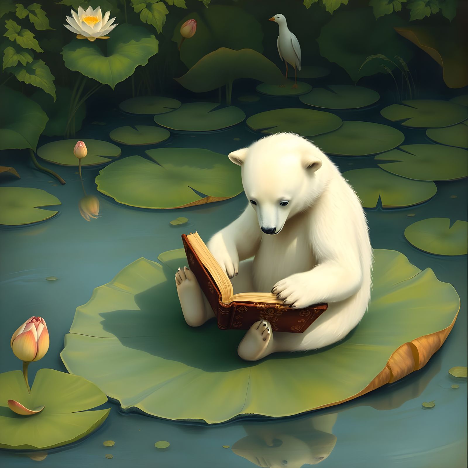 Polar Bear Enjoys Reading on a Water Lily Pad
