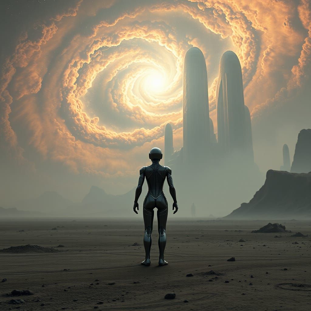 Android Gazes at Cosmic Nebula on Alien Planet