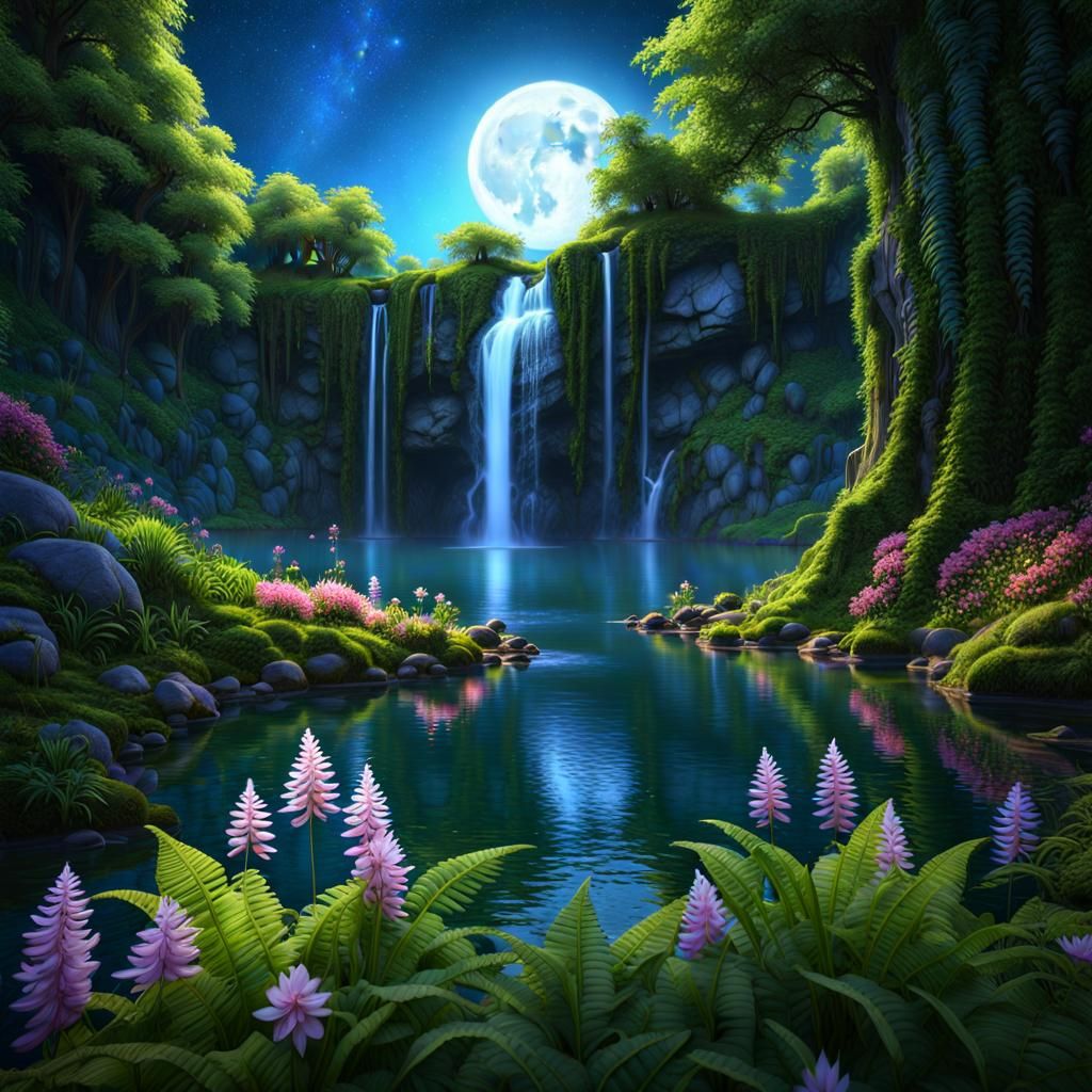 Enchanted Forest: Moonlit Waterfall and Starry Sky
