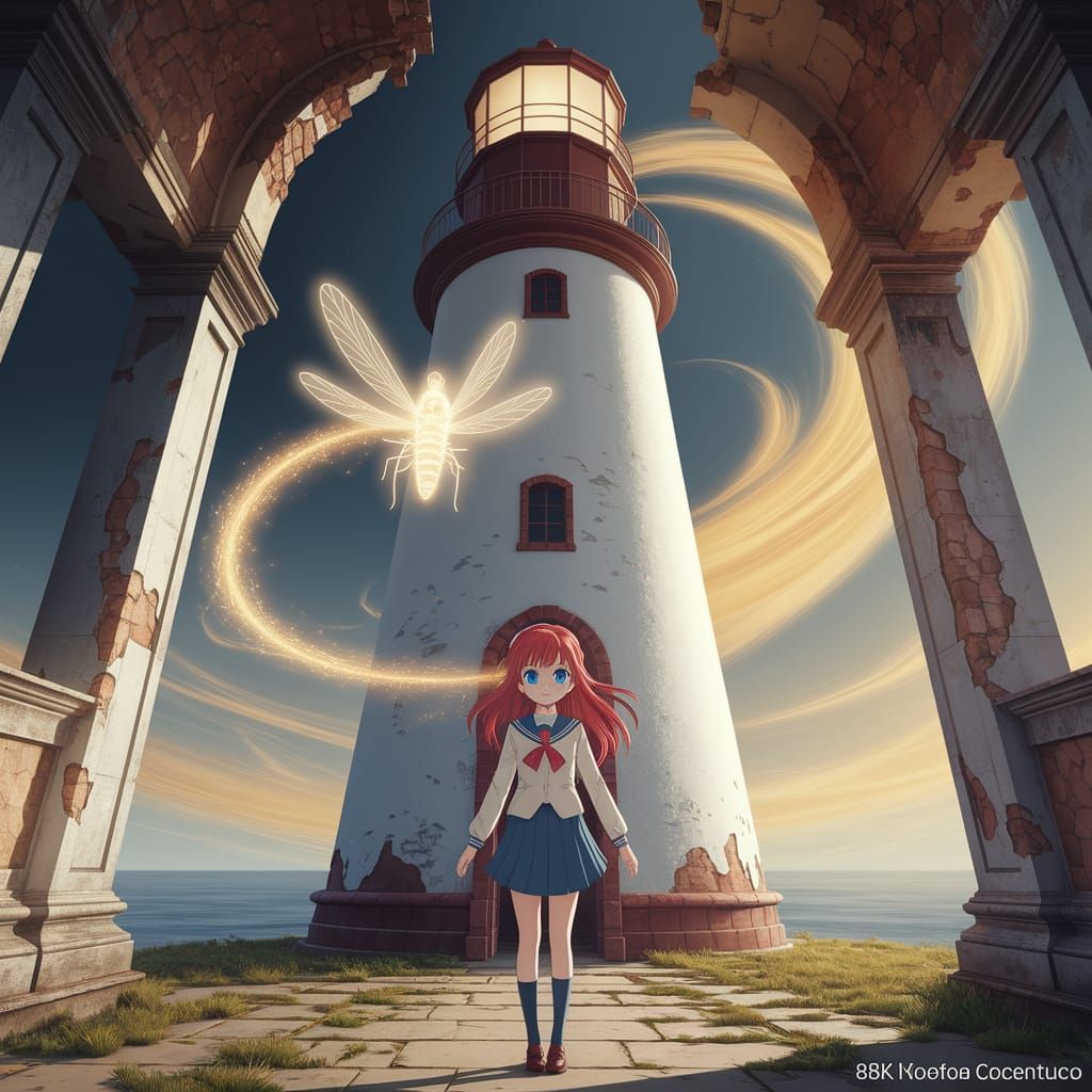 Anime Girl and Firefly Guardian in Ghibli Style