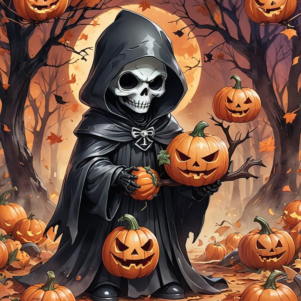 Chibi Grim Reaper with Pumpkin in Autumn Hues