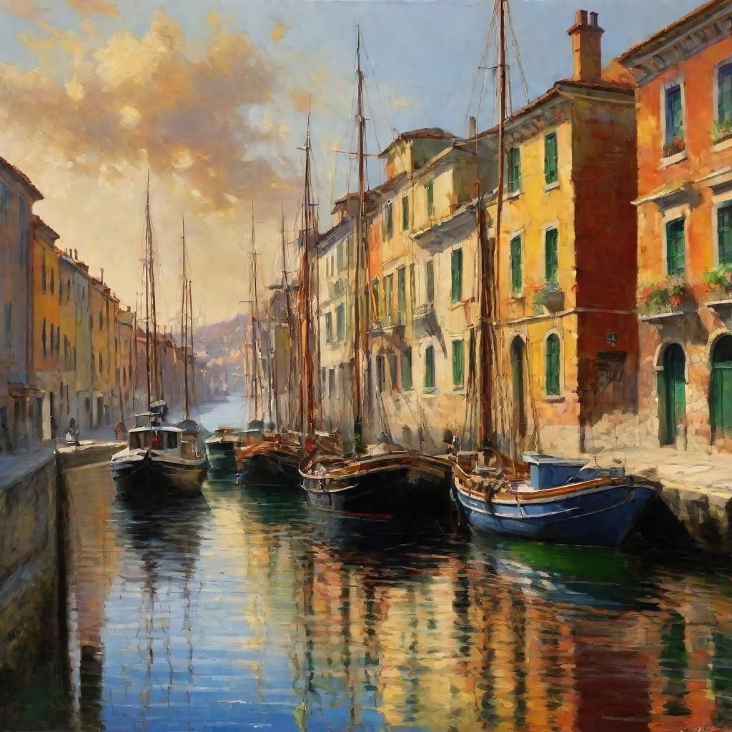 Colorful Neo-Impressionist Port Town in Oil Painting