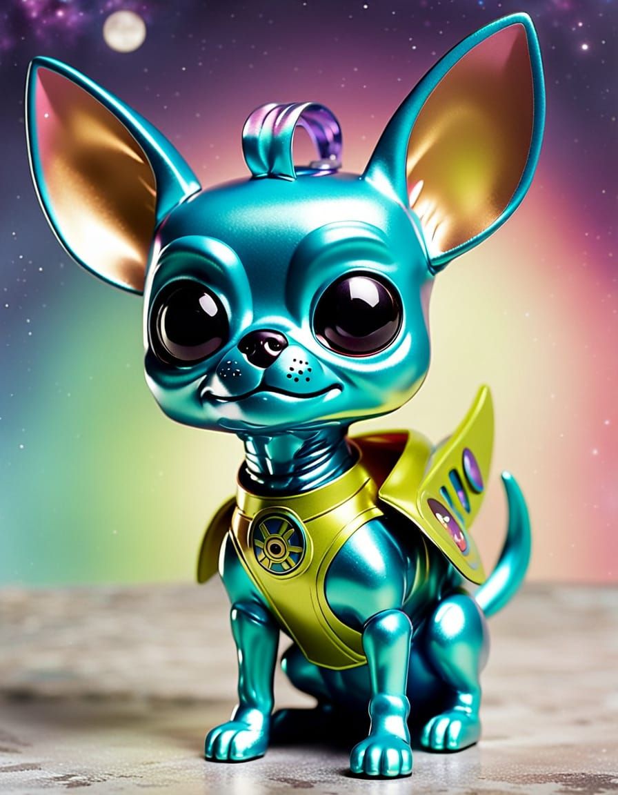 Cosmic Superhero Chihuahua Figure in Vintage-Style Tin