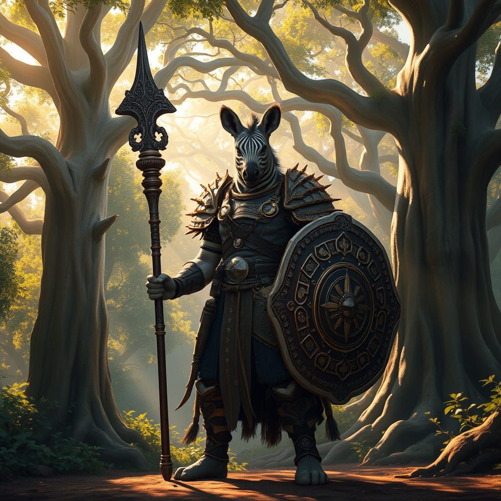 Regal Zebra Warrior in Sunlit Forest Landscape