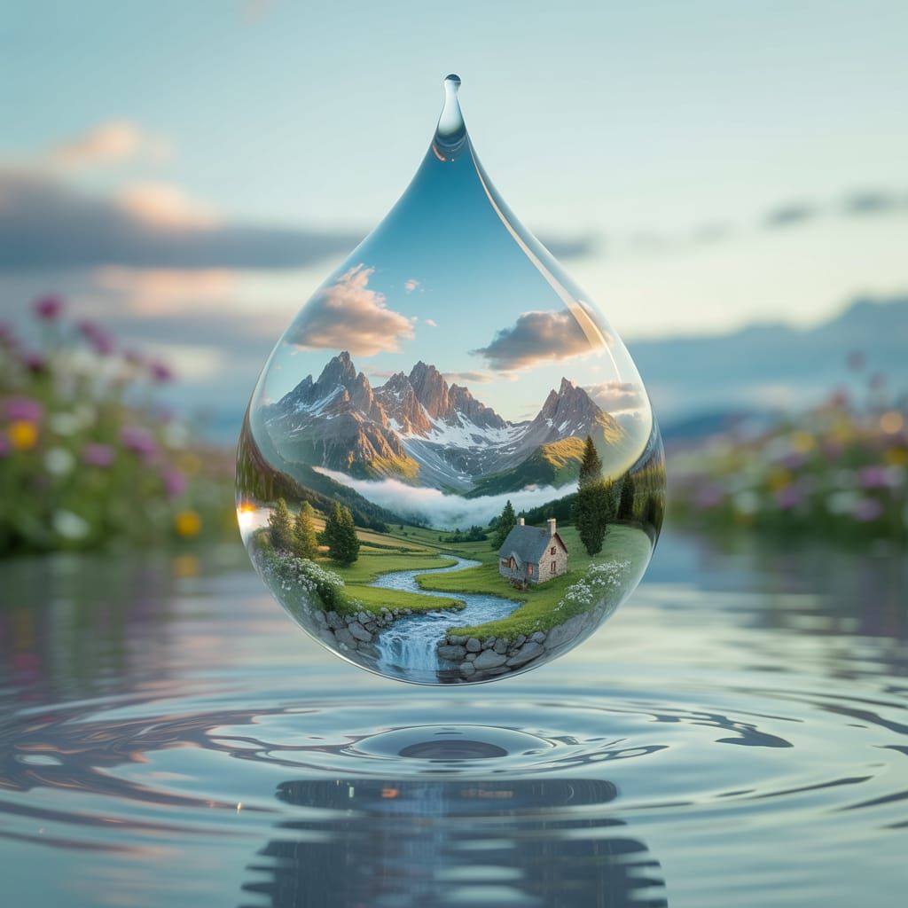 Miniature Landscape Inside Water Droplet Photograph