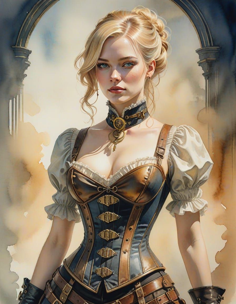 Blonde Woman in Steampunk Corset, Watercolor Style