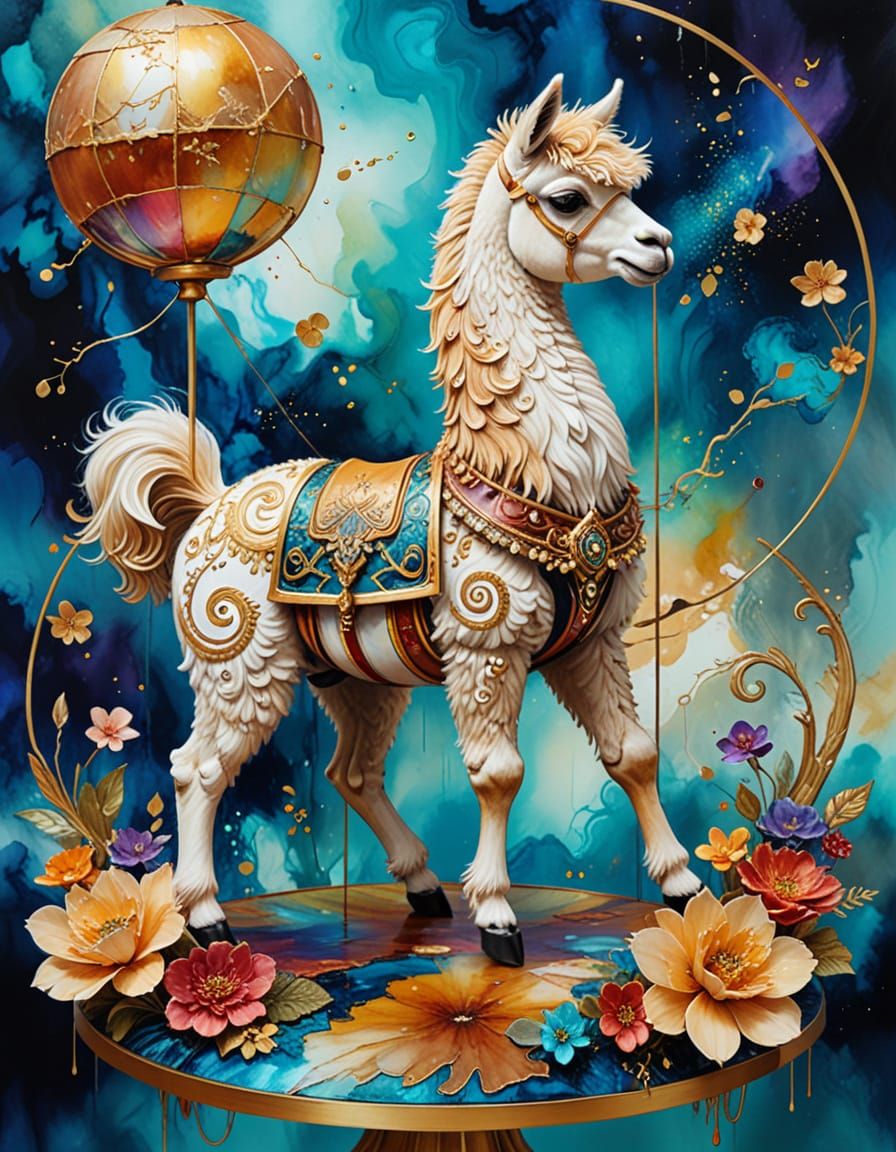 Alpaca and Duckling on Futuristic Carousel