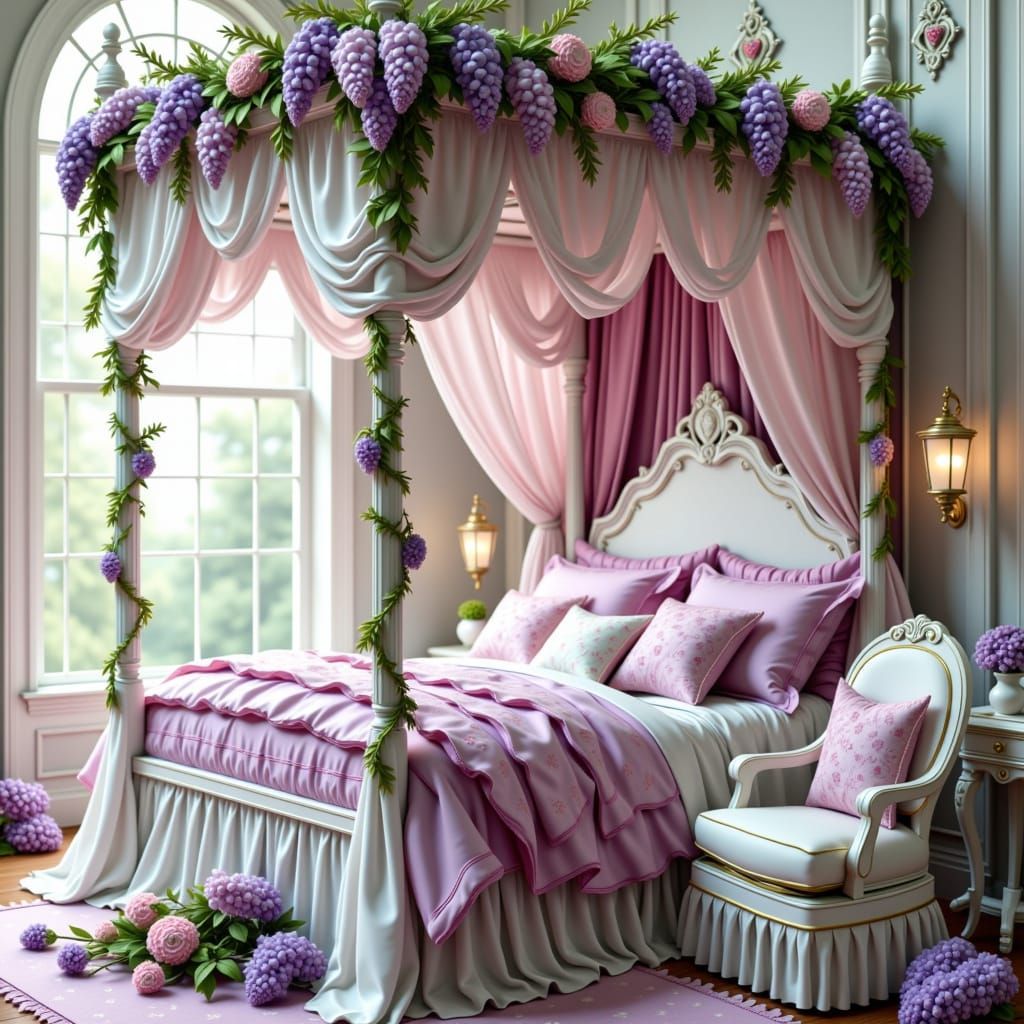 Romantic Fairy-Tale Bedroom with Canopy Bed and Flowers