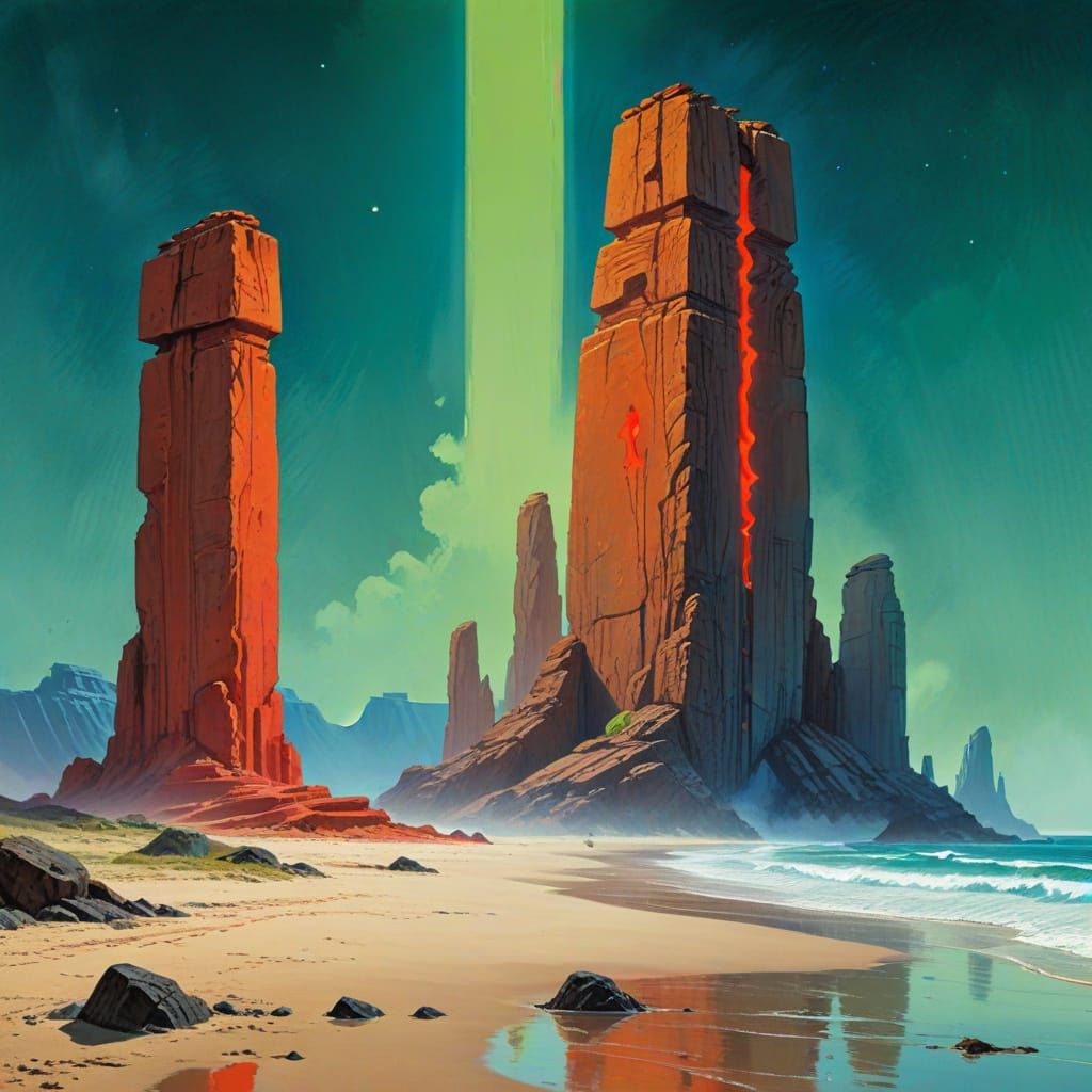 Desolate Planet Poster with Monoliths in Gouache Style