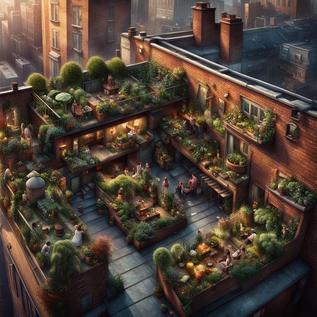 Urban Rooftop Gardens: Detailed Digital Illustration
