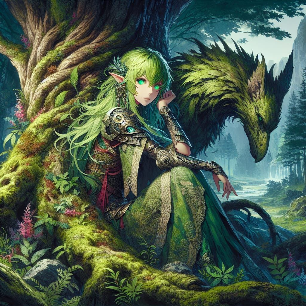 Anime Druid and Griffin in Lush Forest