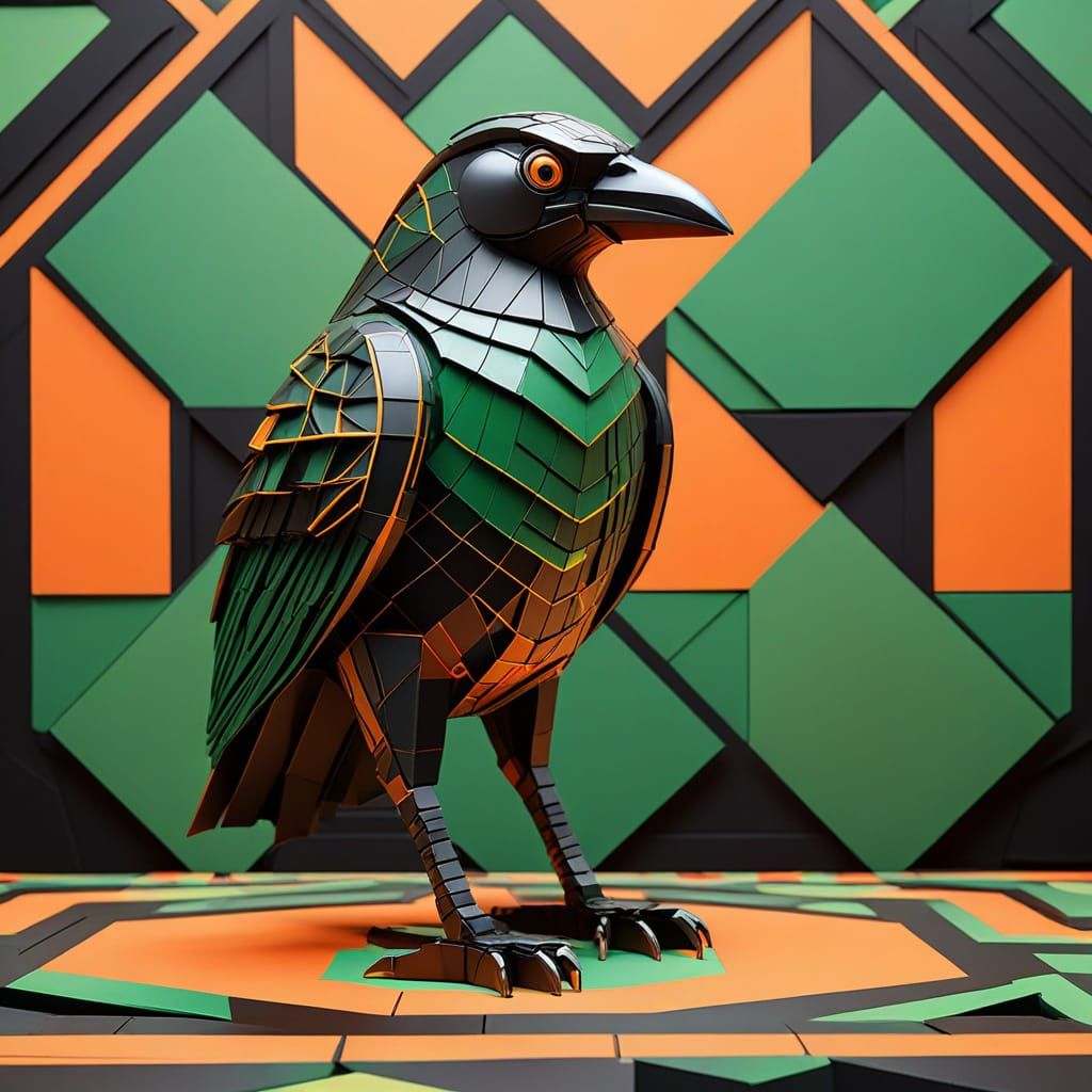Cubist Robotic Raven Sculpture with Geometric Backdrop