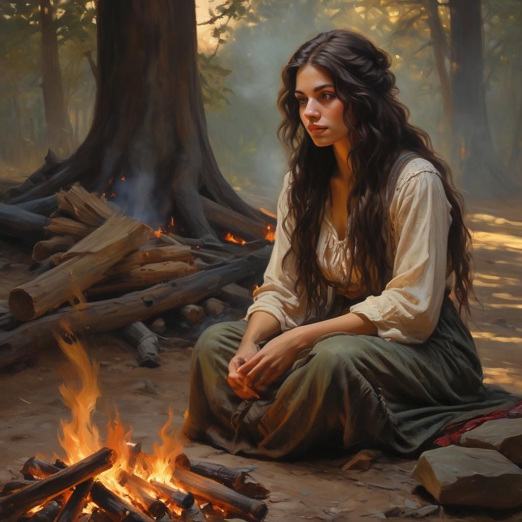 Gypsy Girl Gazing at Campfire in Impressionistic Style