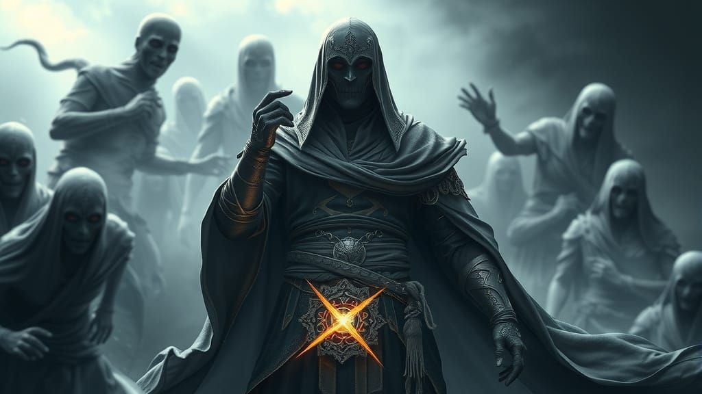 Mystical Shadow Mage Amidst Ancient Spirits