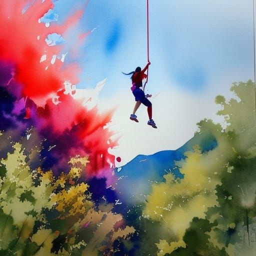 Girl Abseiling: Watercolor Painting with Vibrant Colors