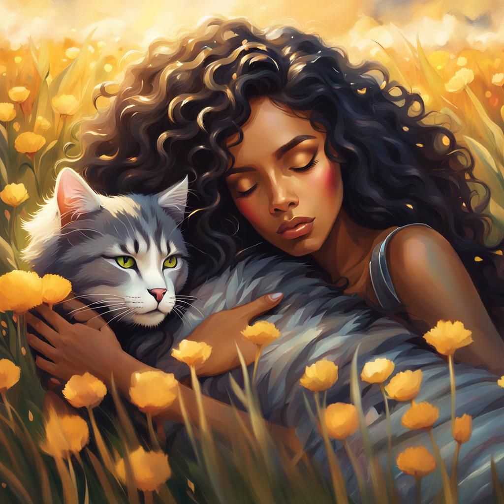 Feline Humanoid Carries Woman in Floral Field