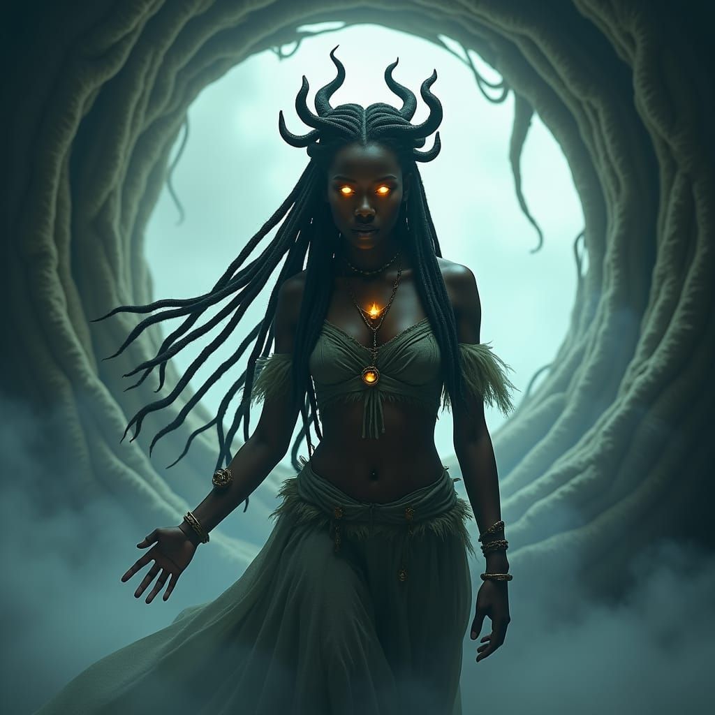 Goddess Emerges from Ethereal Portal in Beksiński Style