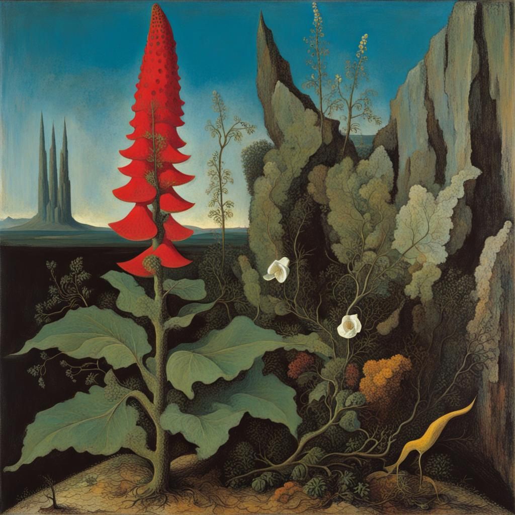 Surreal Foxglove and Plants in Surrealist Style
