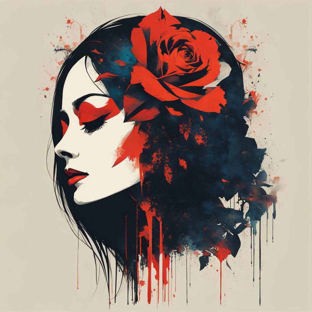 Girl with Death Mask in Watercolor Style