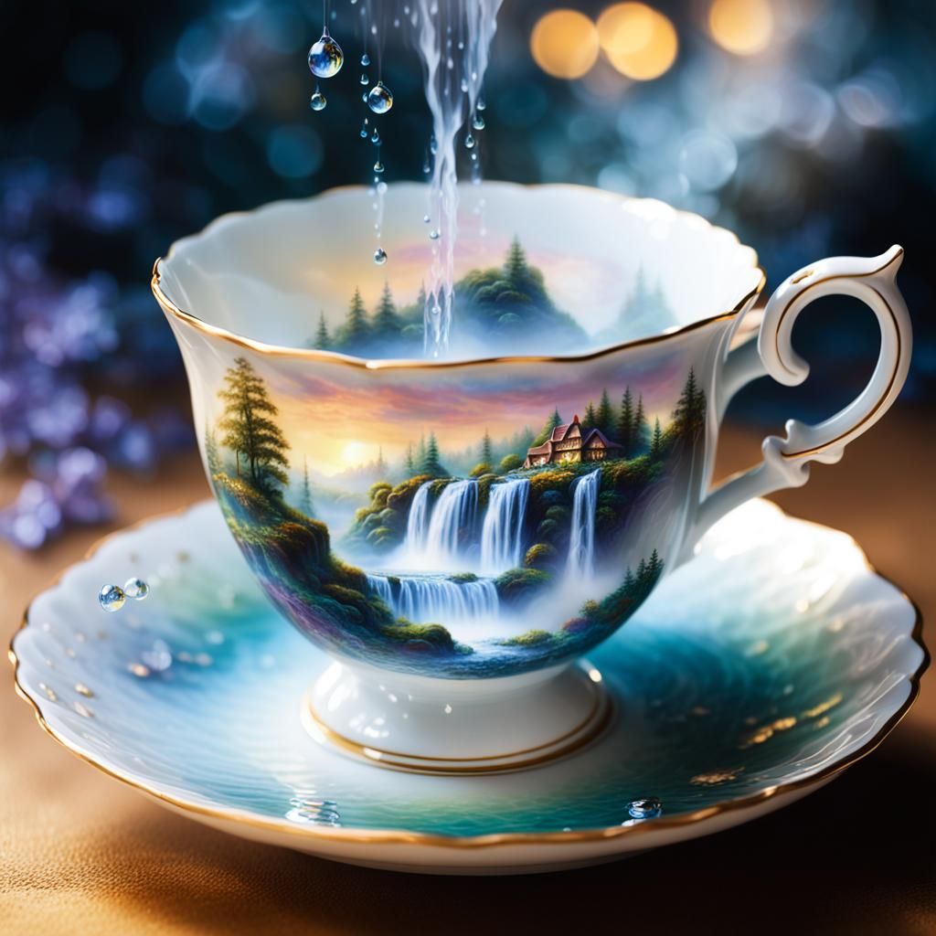 Ethereal Teacup Waterfall in Fantasy Realism