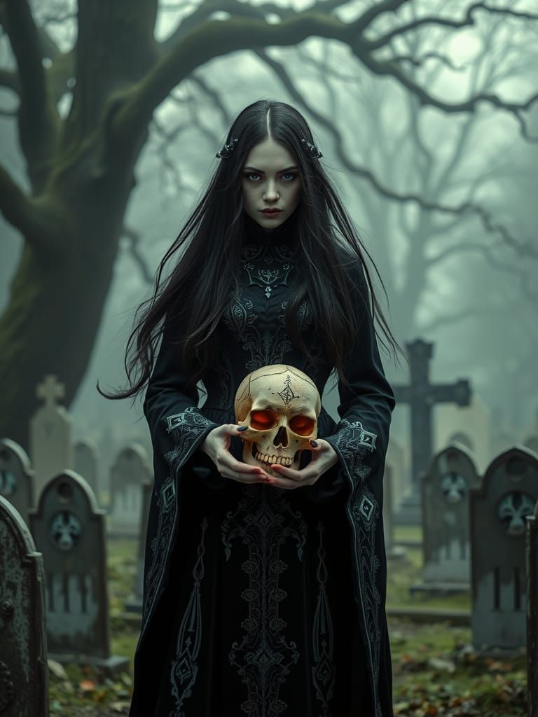 Gothic Necromancer in Graveyard, Dark Romanticism Style