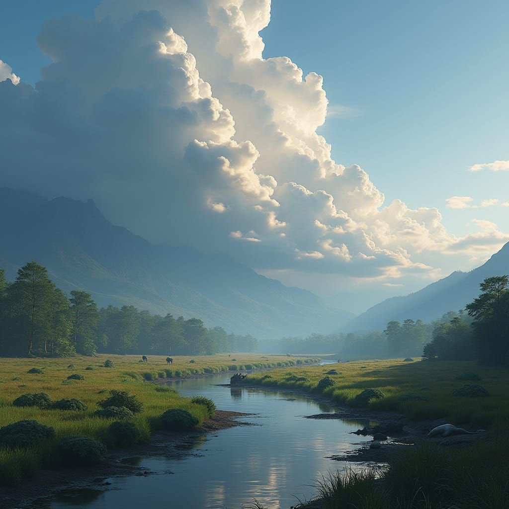 Fantastical River Landscape with Towering Thunderclouds in D...