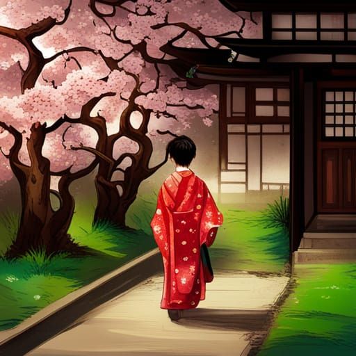 Japanese Boy in Cherry Blossom Garden, Manga Style