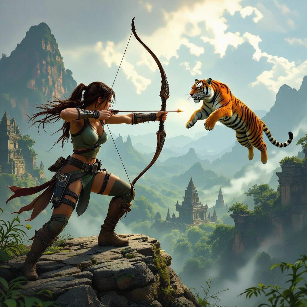 Female Adventurer Aims Bow at Tiger on Mountain Peak