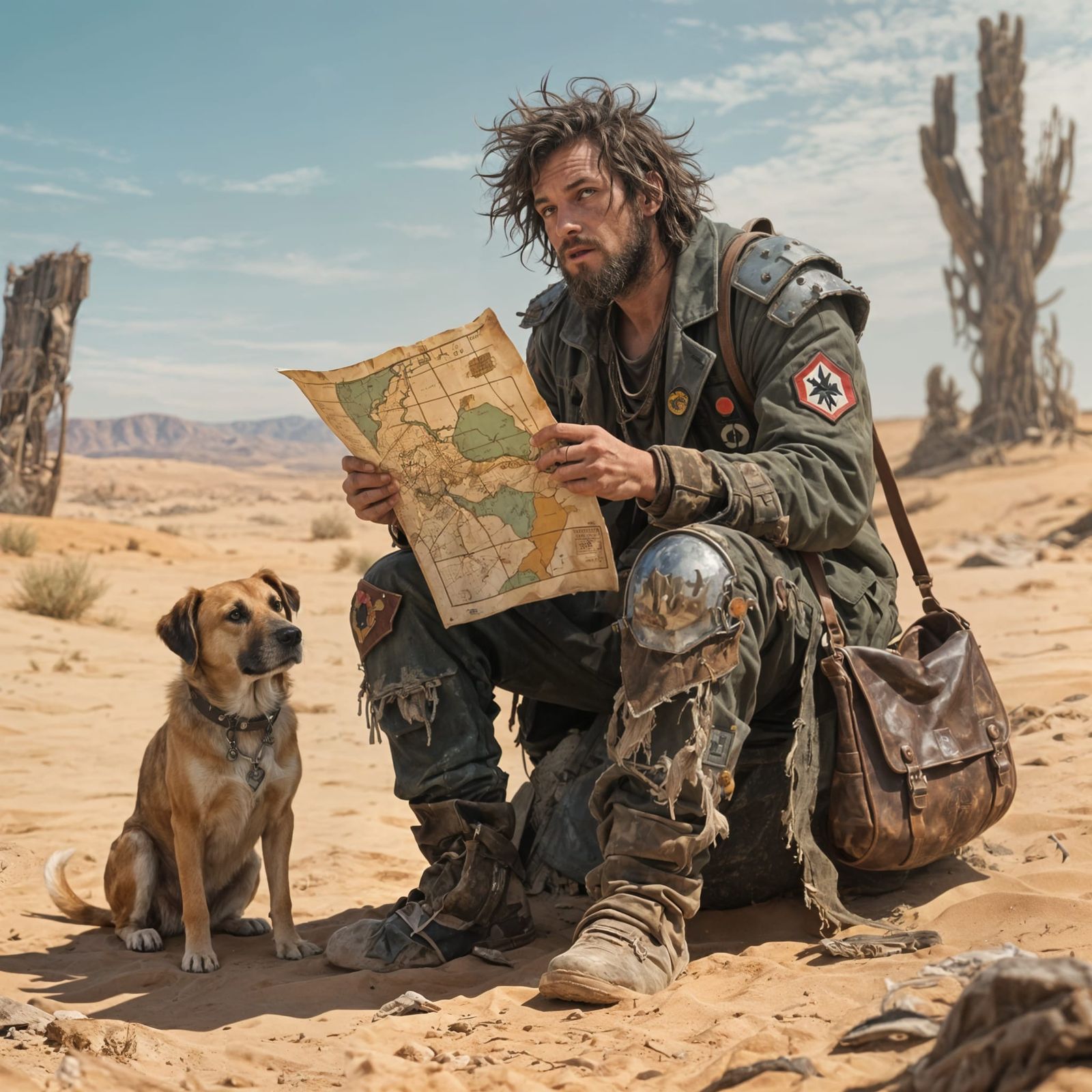 Wasteland Wanderer with Dog and Map in Surreal Pop Art Style