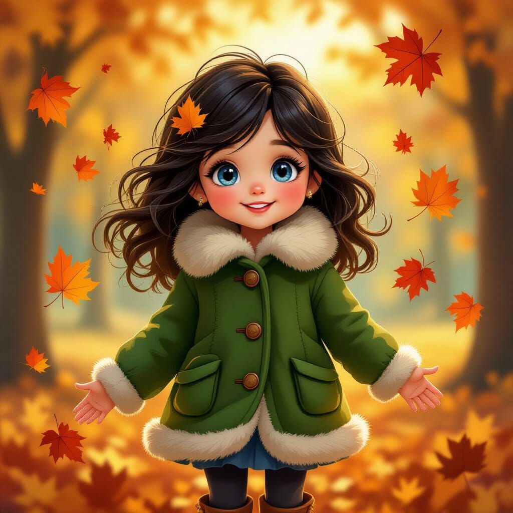Autumn Girl in Cozy Coat Amidst Floating Leaves