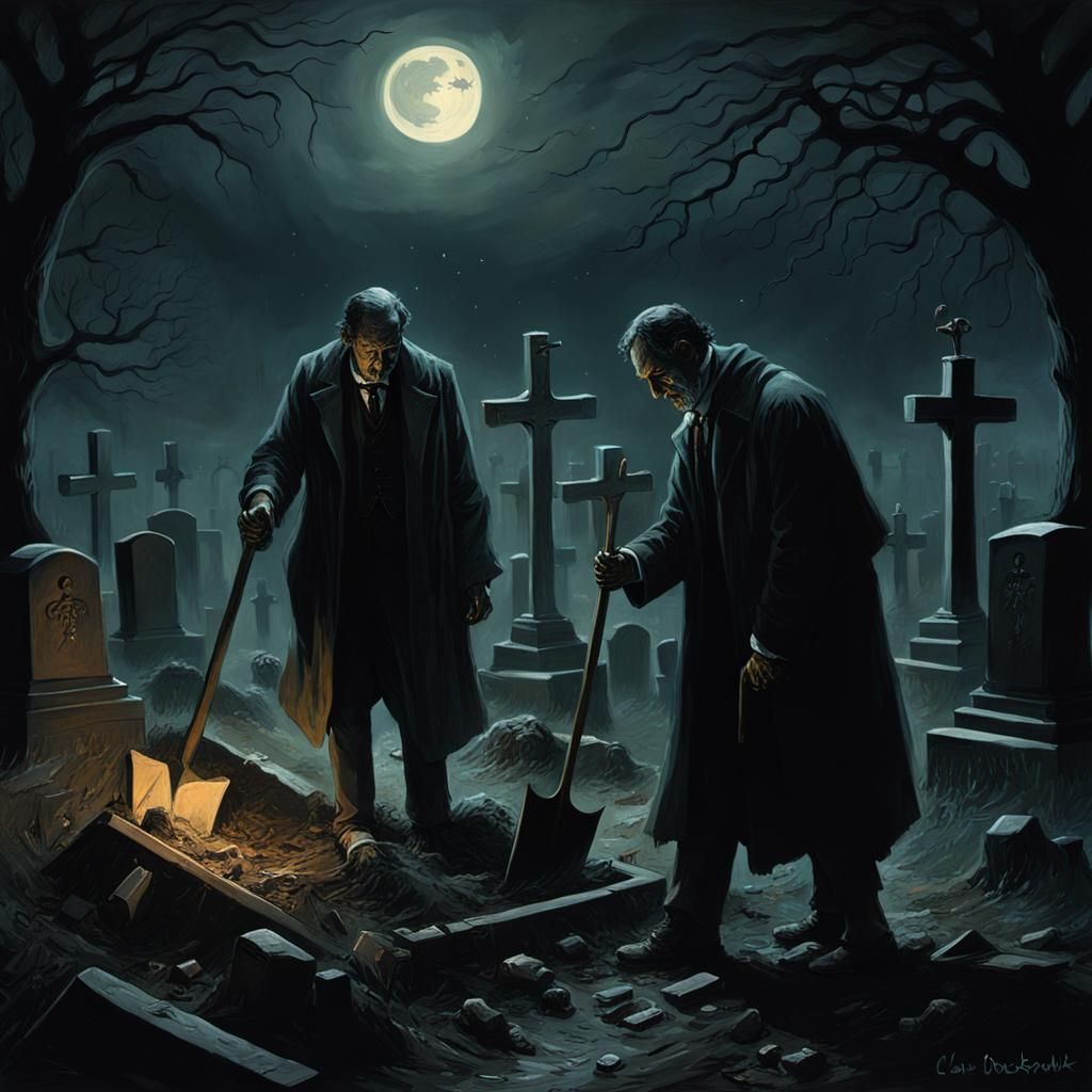Night Cemetery Exhumation: Academic Horror Painting
