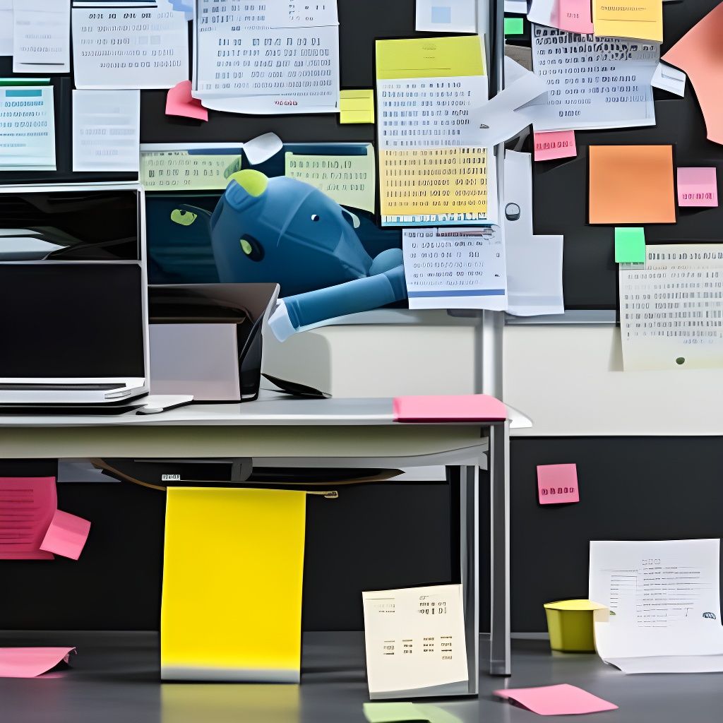 AI Robot Asleep in Messy Cubicle