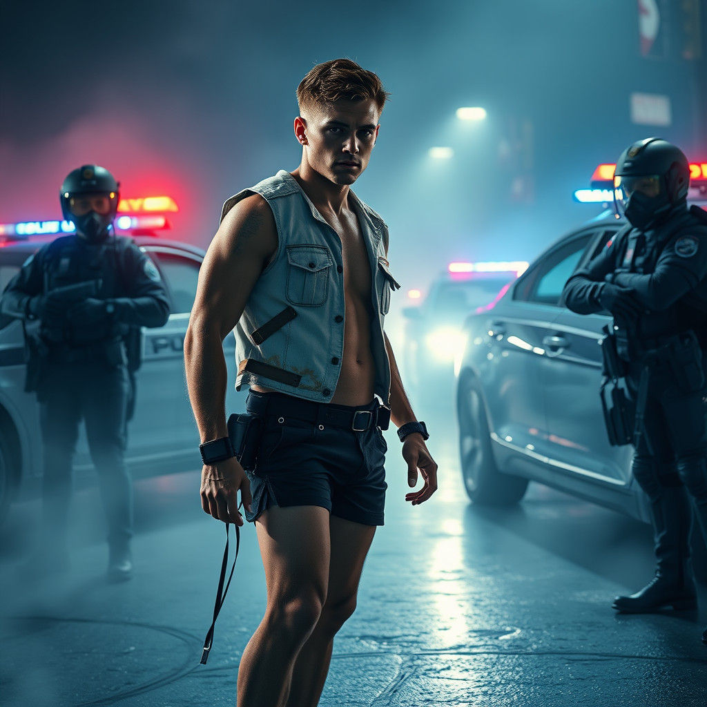 Cyberpunk Athlete Apprehended by Futuristic Police in Dark,...