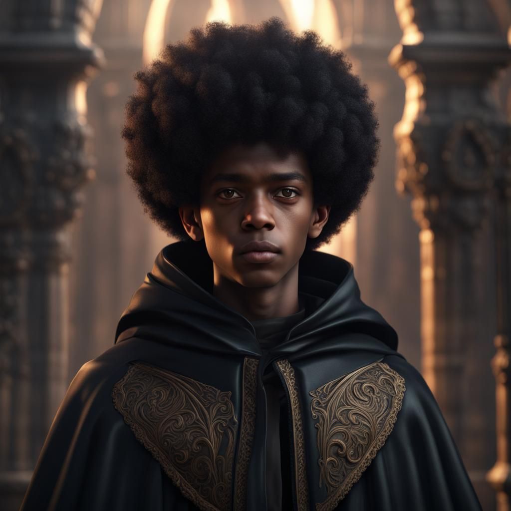 Gothic Black Teen with Afro in Cloak