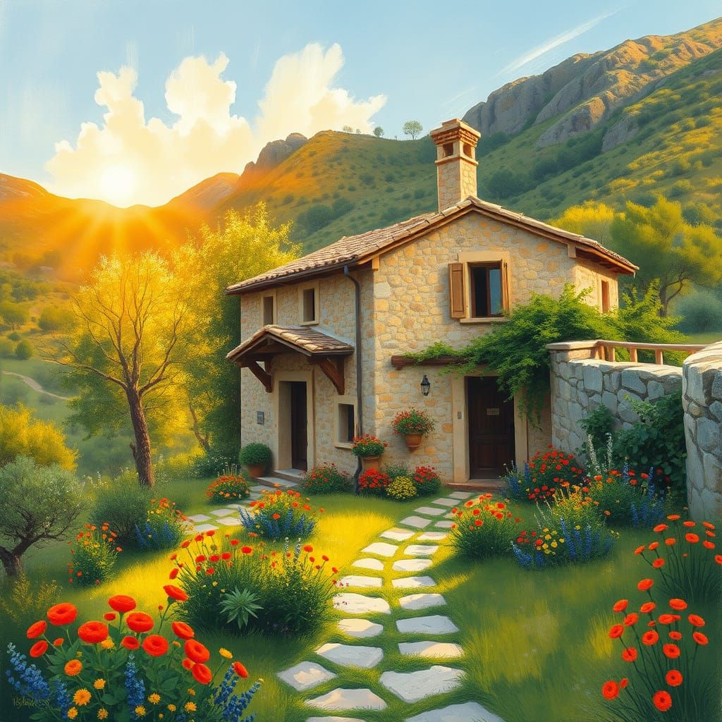 Spanish Cottage at Sunrise: Impressionist Style