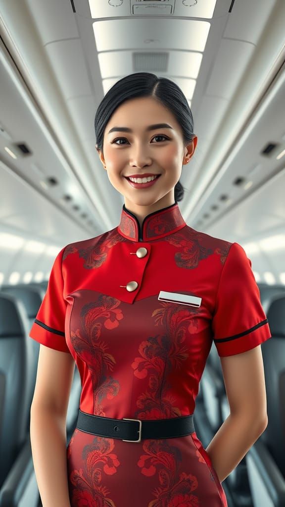 Vietnamese Flight Attendant in Elegant Qipao Uniform