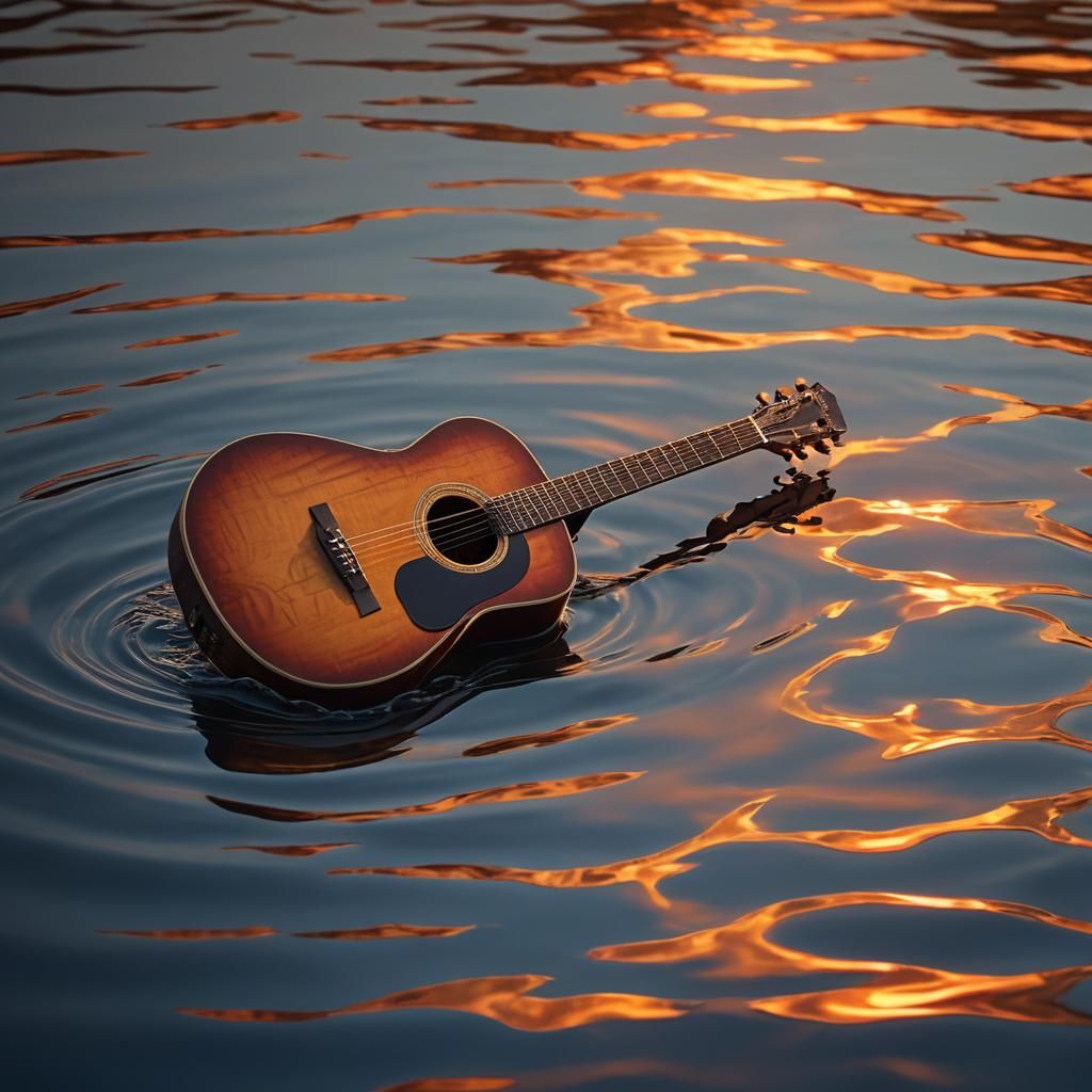 Guitar Floating on Water at Sunset: Fantasy Art