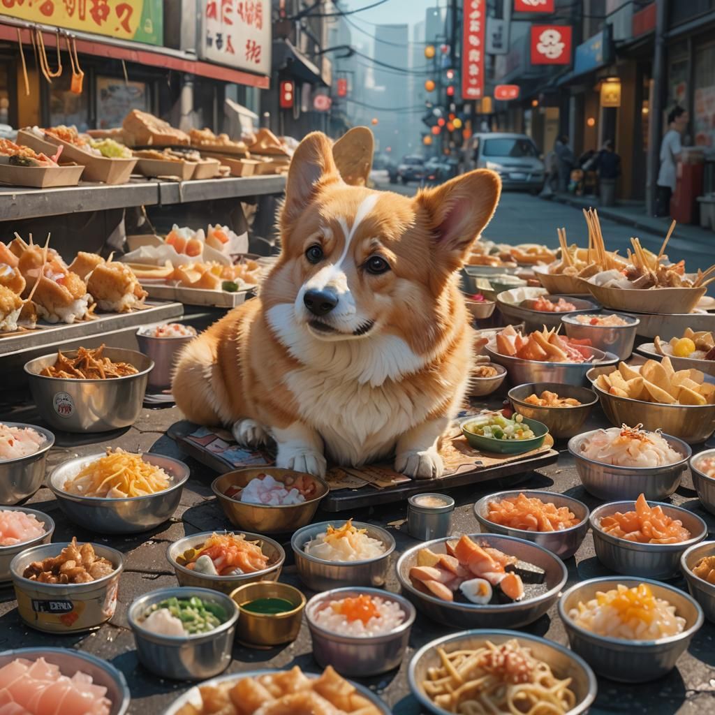 Corgi's Japanese Street Food Adventure: Surreal Concept Art