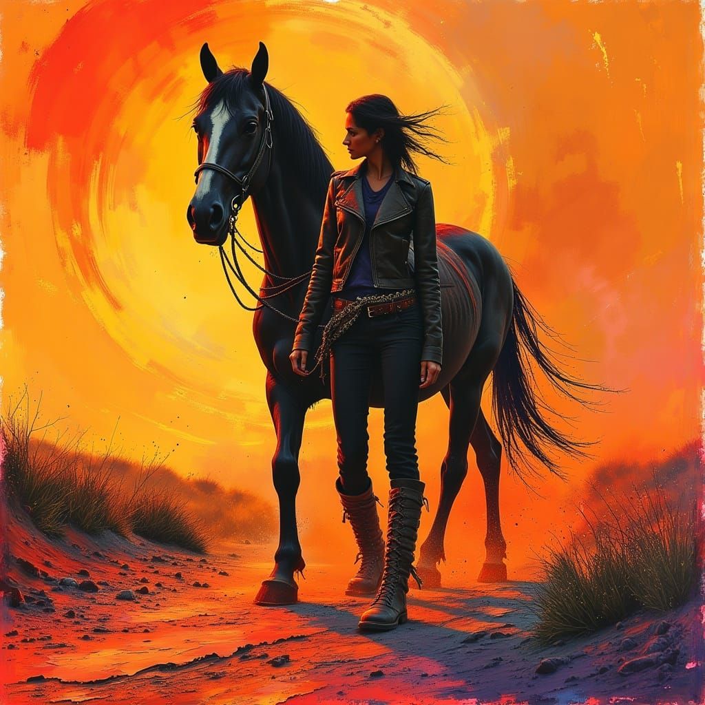 Cowgirl and Horse on Sunset Road in Oil Paint Style