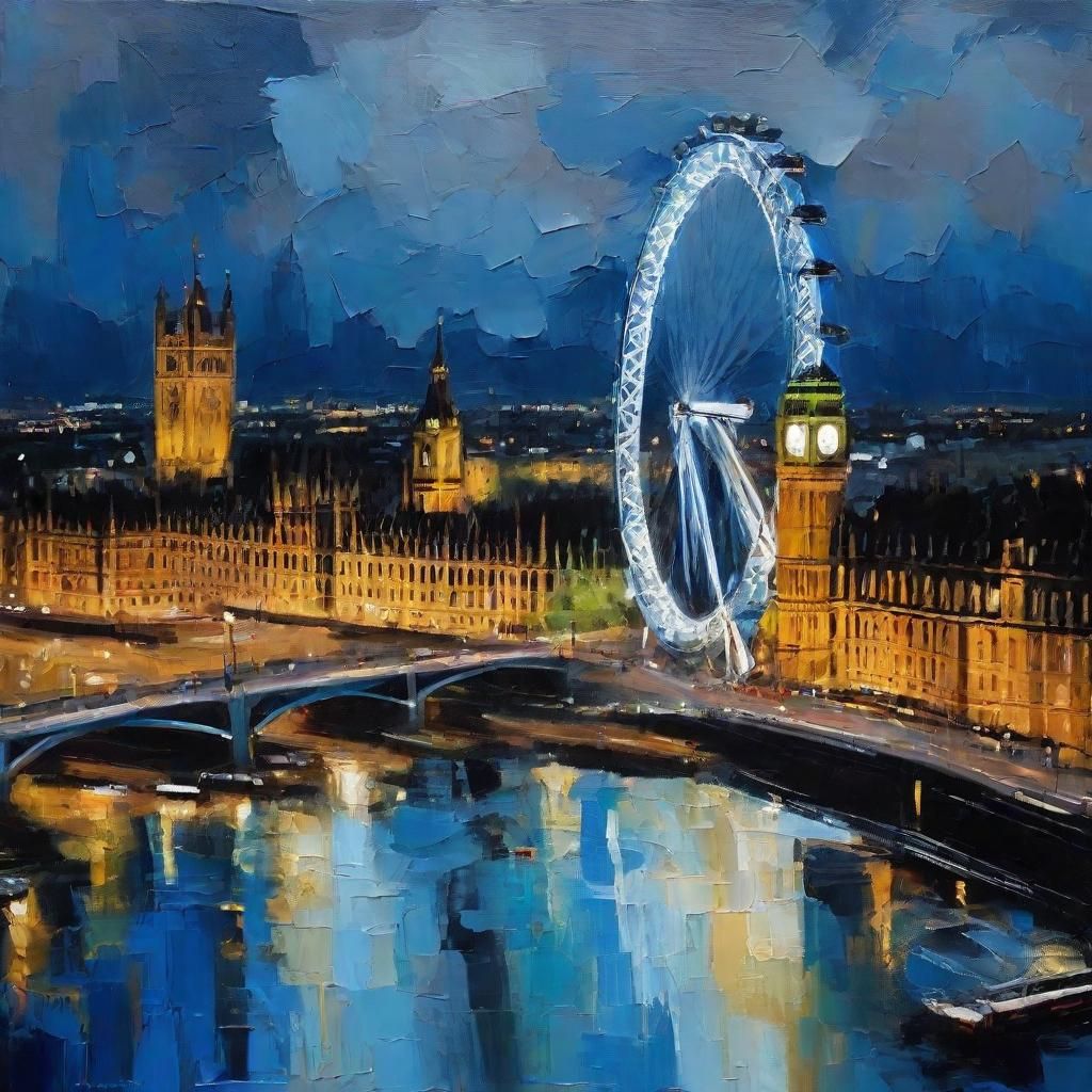 London Eye at Night in Watercolor Palette Knife Style