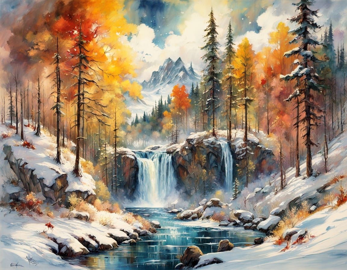 Autumn Waterfall Amidst First Snow in Oil Painting Style